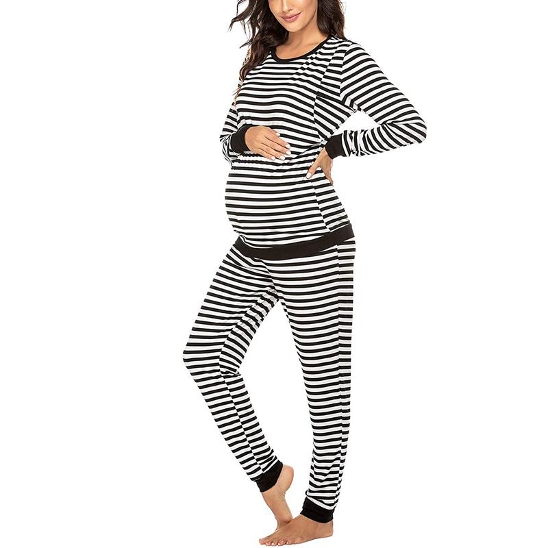 Striped Long-sleeve Nursing Pajamas Set