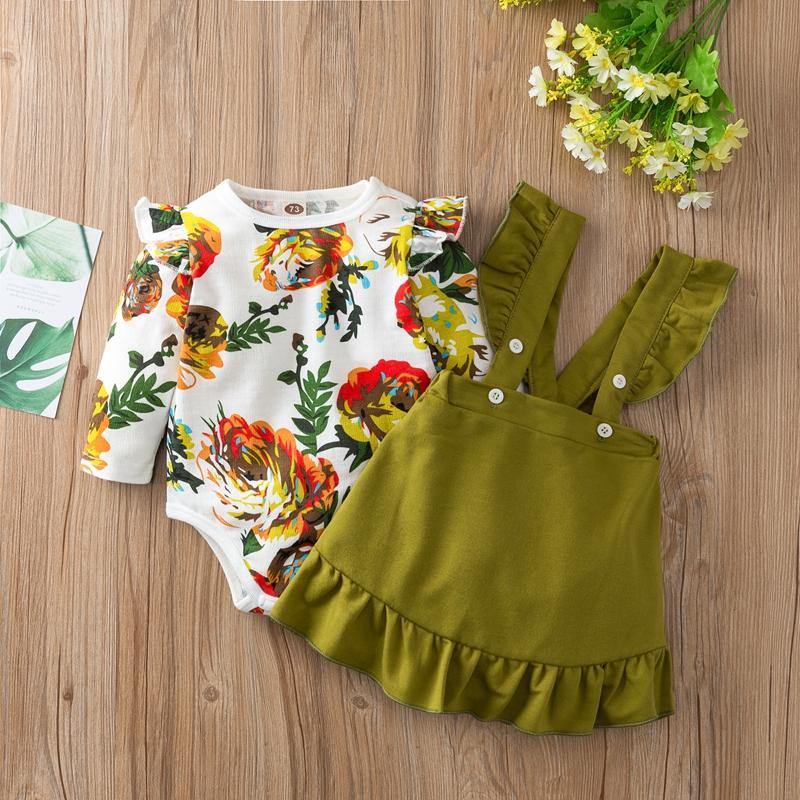 2-piece Floral Printed Bodysuit &amp; Solid Dungarees for Baby Girl