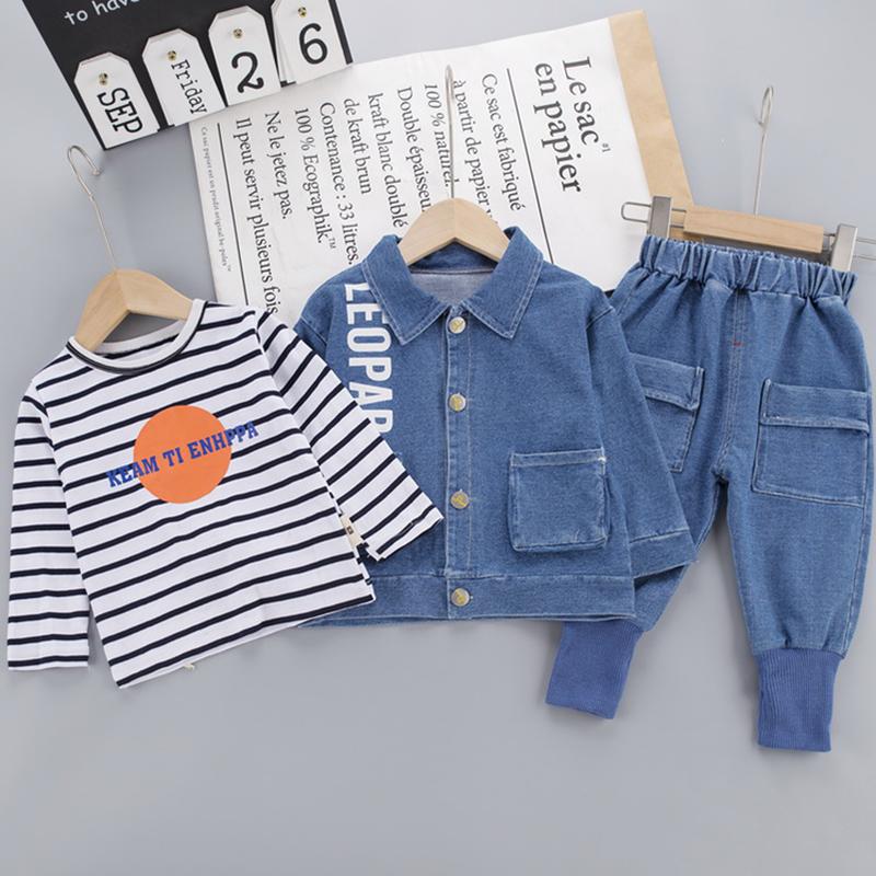 3-Pieces Fashion Letter Print Jacket +Stripes T-shirt + Jeans
