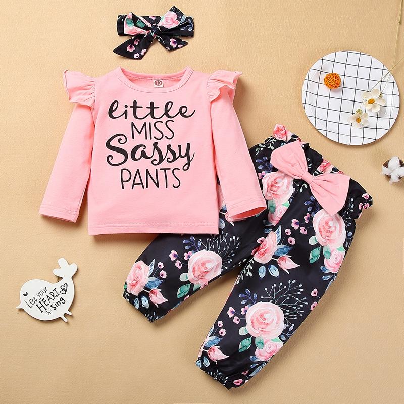 3-piece Letter Pattern Bodysuit & Floral Printed Pants & Headband for Toddler Girl