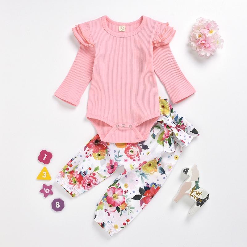 2-piece Solid Ruffle Bodysuit &amp; Floral Printed Pants for Baby Girl