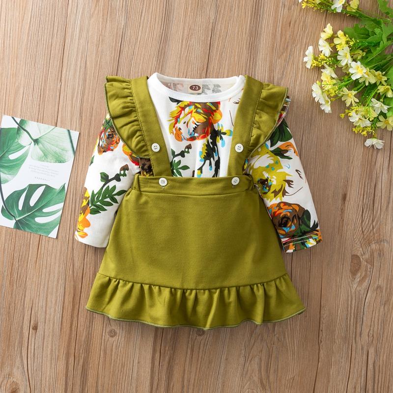 2-piece Floral Printed Bodysuit &amp; Solid Dungarees for Baby Girl