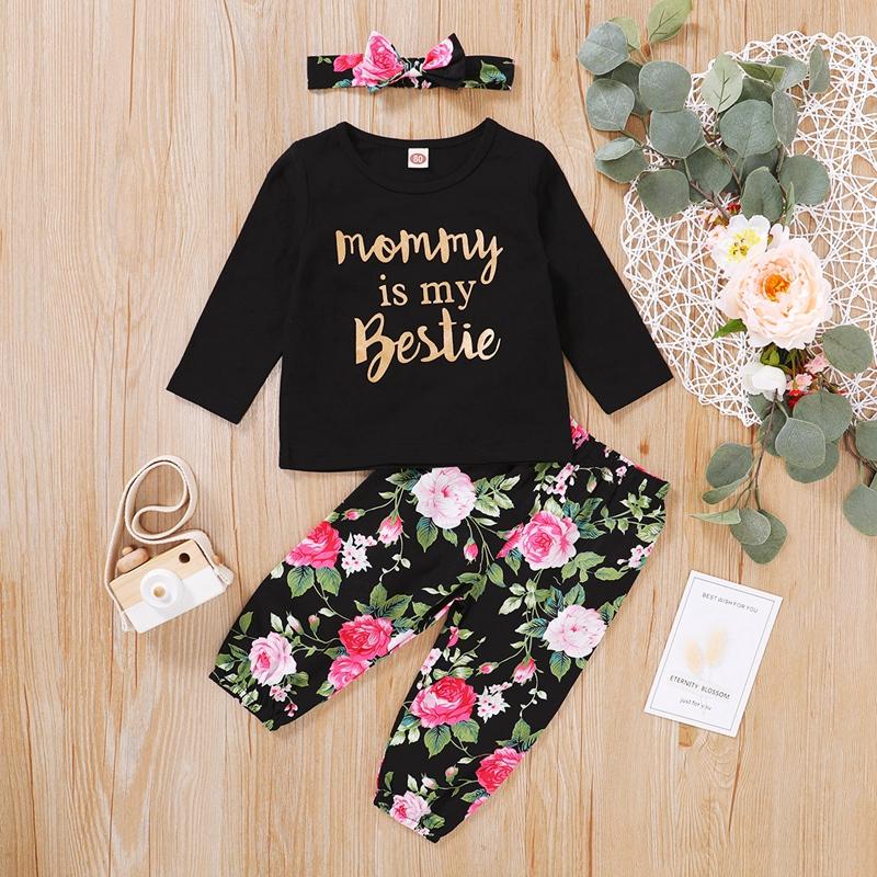 3-piece Letter Pattern Tops &amp; Floral Printed Pants &amp; Headband for Baby Girl