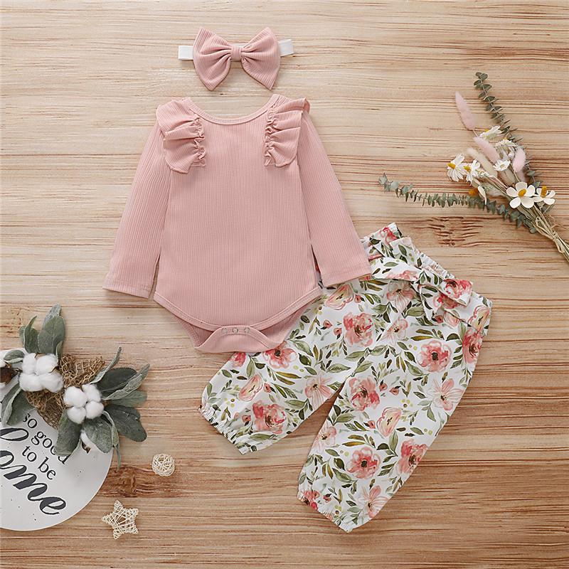 3-piece Solid Ruffle Bodysuit &amp; Floral Printed Pants &amp; Headband for Baby Girl
