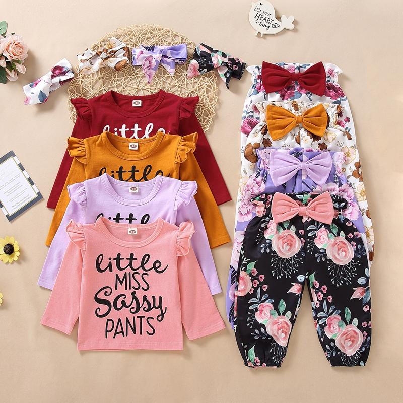 3-piece Letter Pattern Bodysuit & Floral Printed Pants & Headband for Toddler Girl