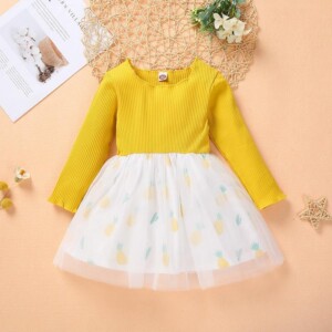 Pineapple Pattern Patchwork Tulle Dress for Toddler Girl