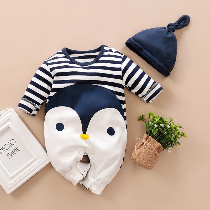 2-piece Baby Long-sleeved Penguin Striped Jumpsuit and Hat