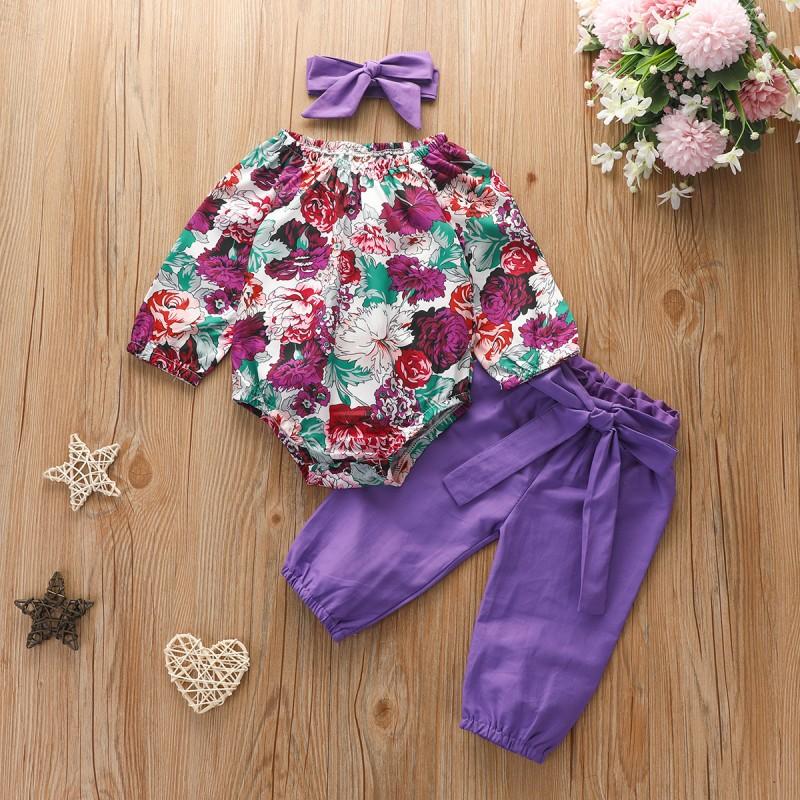 3-piece Floral Printed Bodysuit & Pants & Headband for Baby Girl