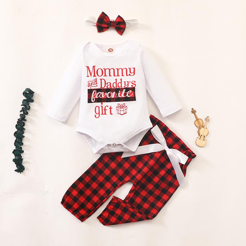 3-piece Christmas Letter Bodysuit, Plaid Pants with Headband for Baby Girl