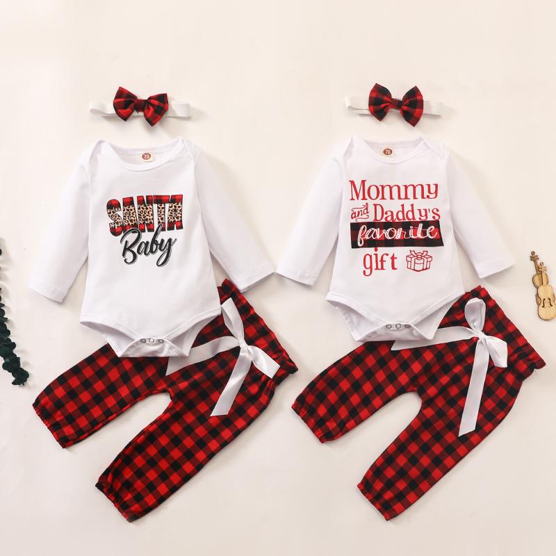 3-piece Christmas Letter Bodysuit, Plaid Pants with Headband for Baby Girl