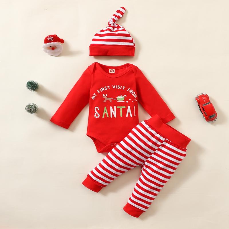 3-piece Christmas Letter Bodysuit, Stripe Pants and Hat Set for Baby