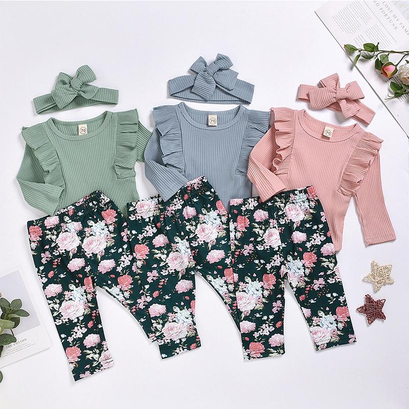 3-piece Solid Ruffle Bodysuit & Floral Printed Pants & Headband for Baby Girl