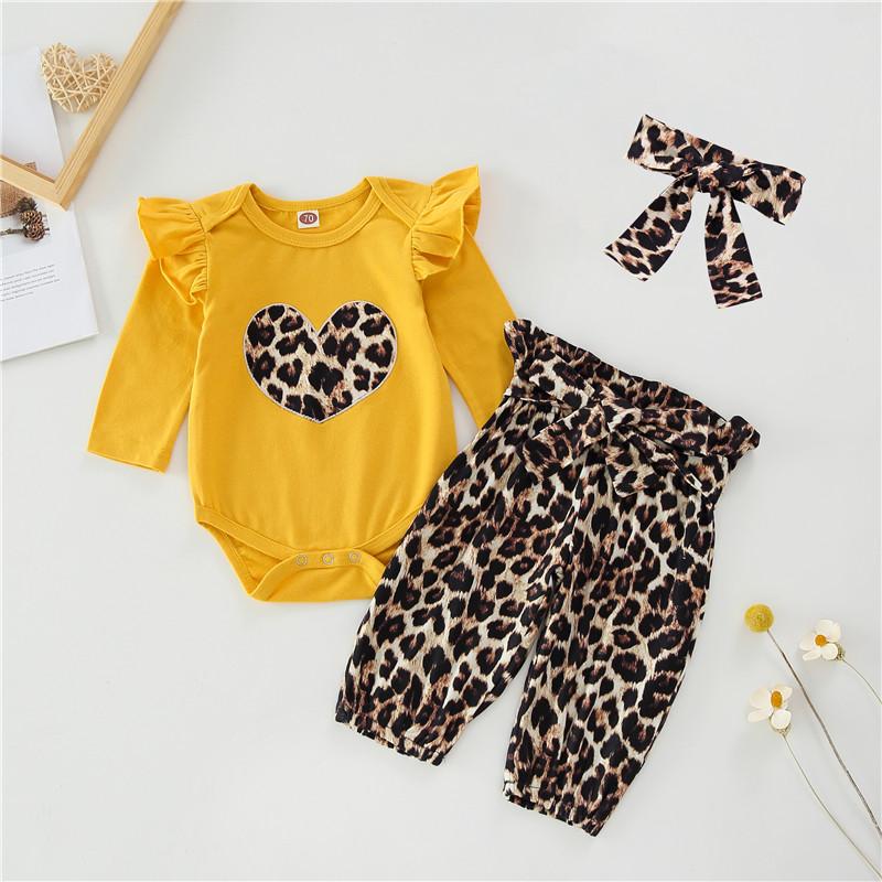 3-piece Heart-shaped Leopard Bodysuit & Pants & Headband for Baby Girl