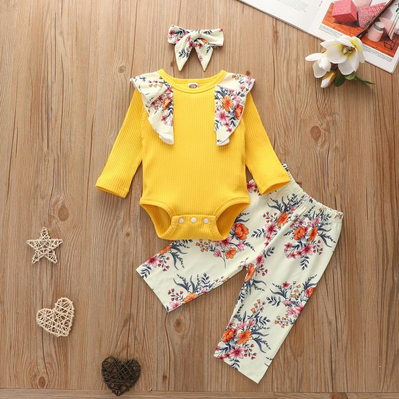 3-piece Floral Printed Bodysuit & Pants & Headband for Baby Girl