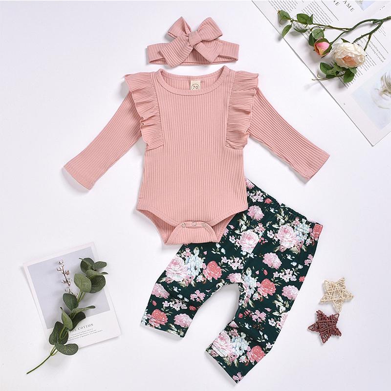 3-piece Solid Ruffle Bodysuit & Floral Printed Pants & Headband for Baby Girl
