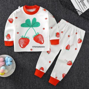 2-piece Strawberry Pattern Pajamas Sets for Toddler Girl