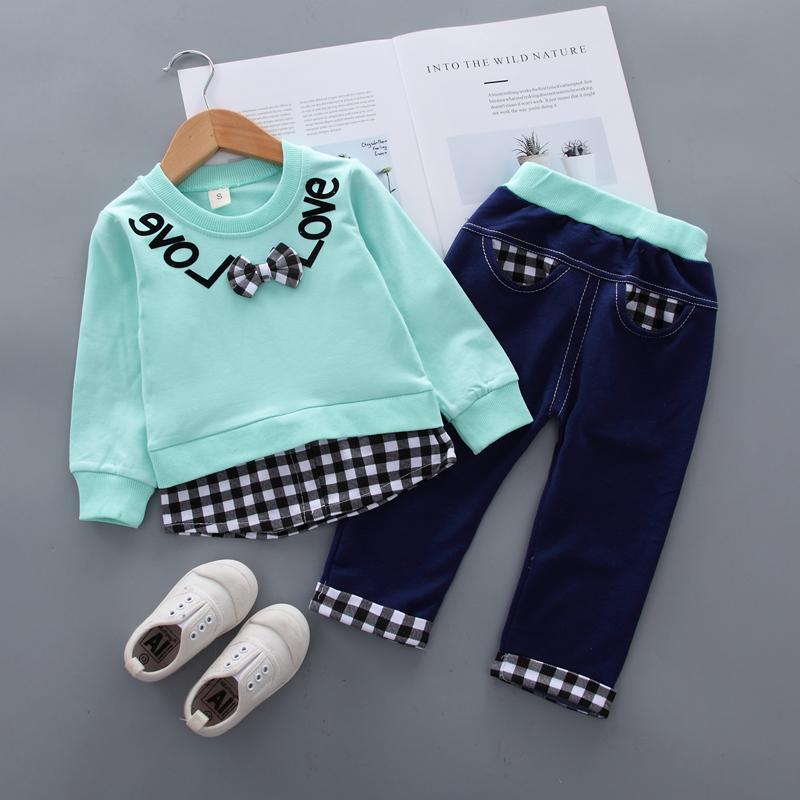2pcs Fashion Color-block Plaid Love Print Hoodies and Pants