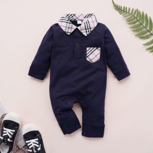 Casual Plaid Lapel Collar Jumpsuit for Baby