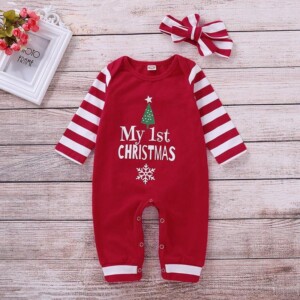 2-piece Letter Pattern Striped Jumpsuit & Headband for Baby