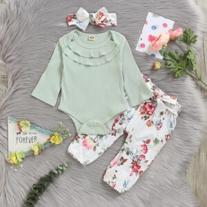 3-piece Solid Bodysuit & Floral Printed Pants & Headband for Baby Girl