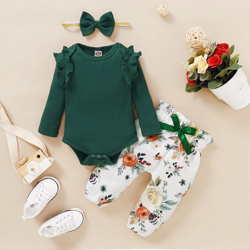 3-piece Solid Bodysuit & Floral Printed Pants & Headband for Baby Girl