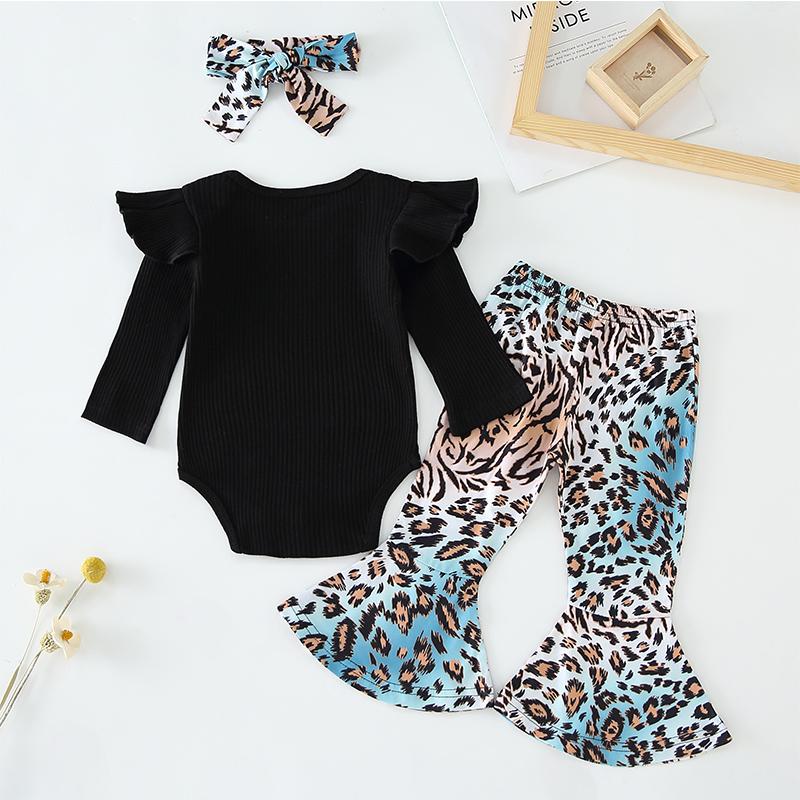 3-piece Solid Ruffle Bodysuit & Leopard Pants & Headband for Baby Girl
