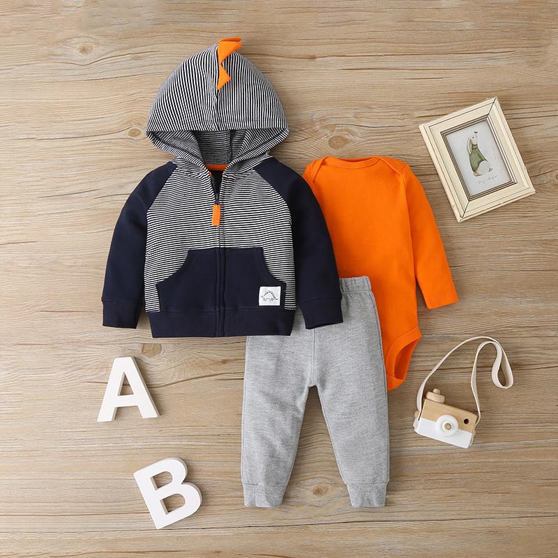 3-piece Solid Bodysuit & Hooded Striped Coat & Pants for Baby Boy