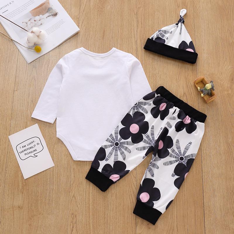 3-piece Letter Long-sleeve Romper, Floral Printed Pants and Hat Set