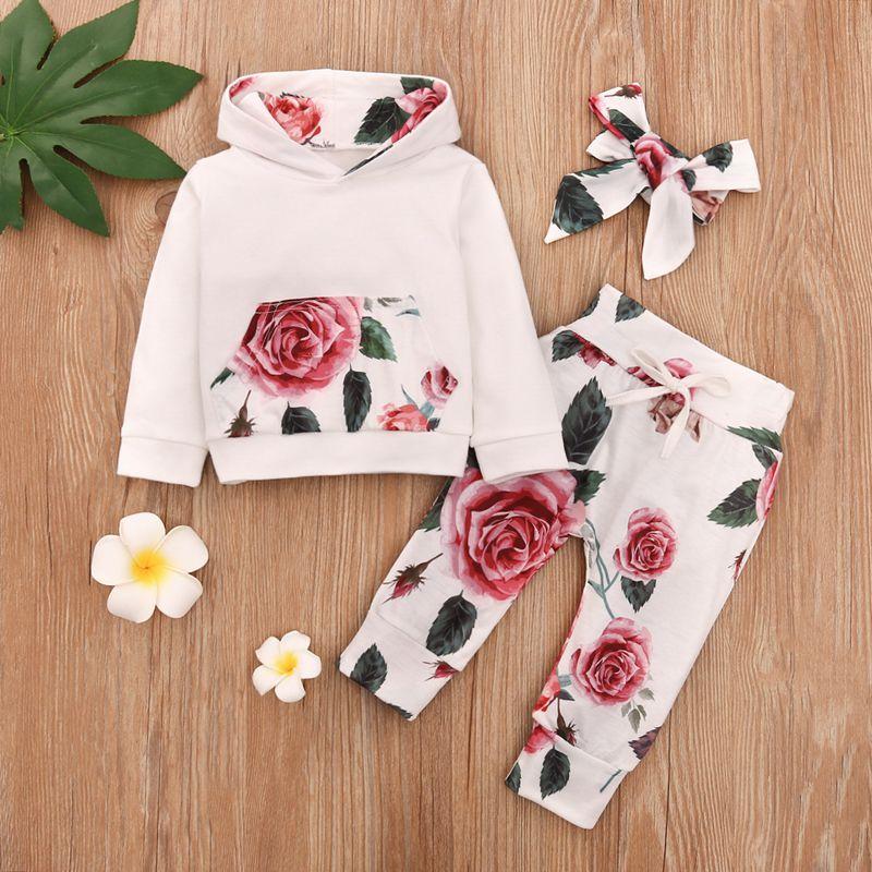 3-piece Floral Printed Hoodie & Pants & Headband for Baby Girl