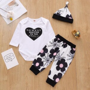 3-piece Letter Long-sleeve Romper, Floral Printed Pants and Hat Set