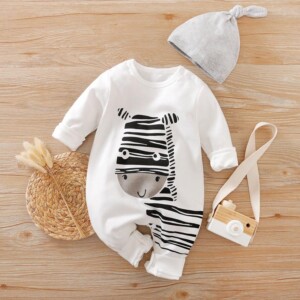 2-piece Zebra Printed Long Sleeve Jumpsuit with Hat Set for Baby