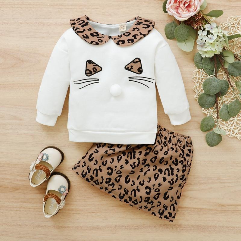 2-piece Cat Pattern Hoodie & Leopard Pattern Skirt for Toddler Girl