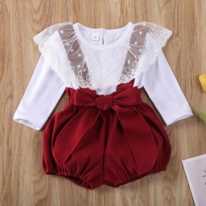 2-piece Lace Lapel Collar & Dungarees for Baby Girl
