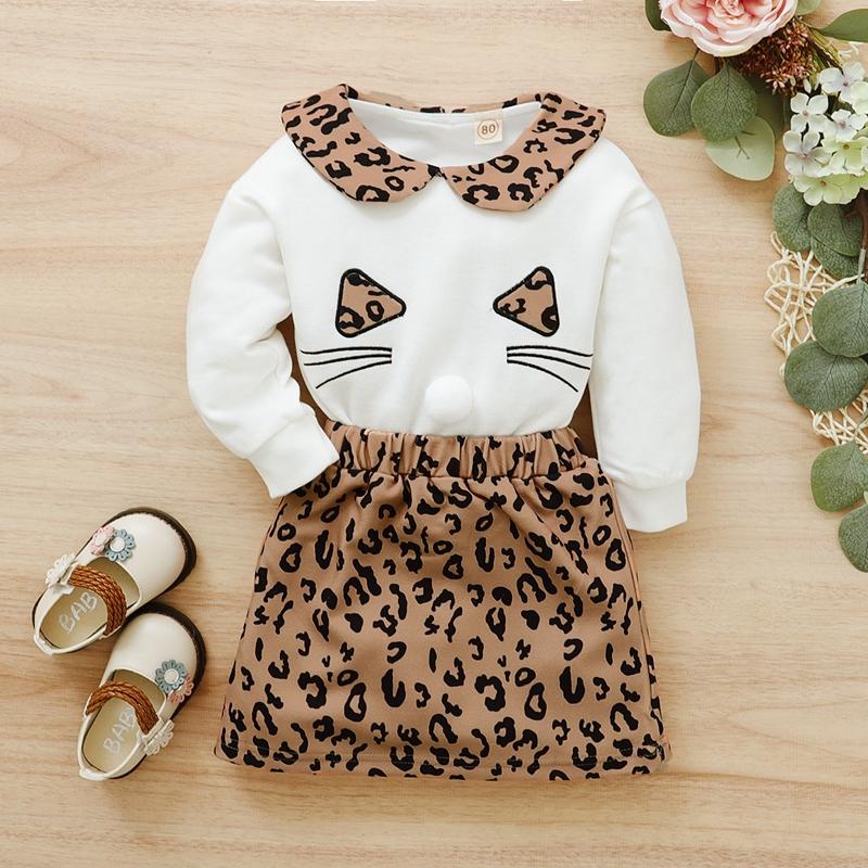 2-piece Cat Pattern Hoodie & Leopard Pattern Skirt for Toddler Girl