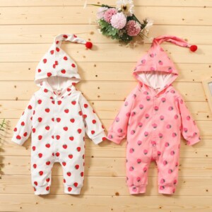 Strawberry Pattern Hooded Jumpsuit for Baby Girl