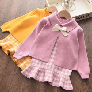 2-piece Solid Bow Decor Sweater & Sleeveless Skirt for Toddler Girl