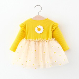 Sunflower Printed Patchwork Tulle Dress for Toddler Girl
