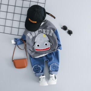 2-piece Cartoon Shark Pattern Hoodie & Jeans for Toddler Boy