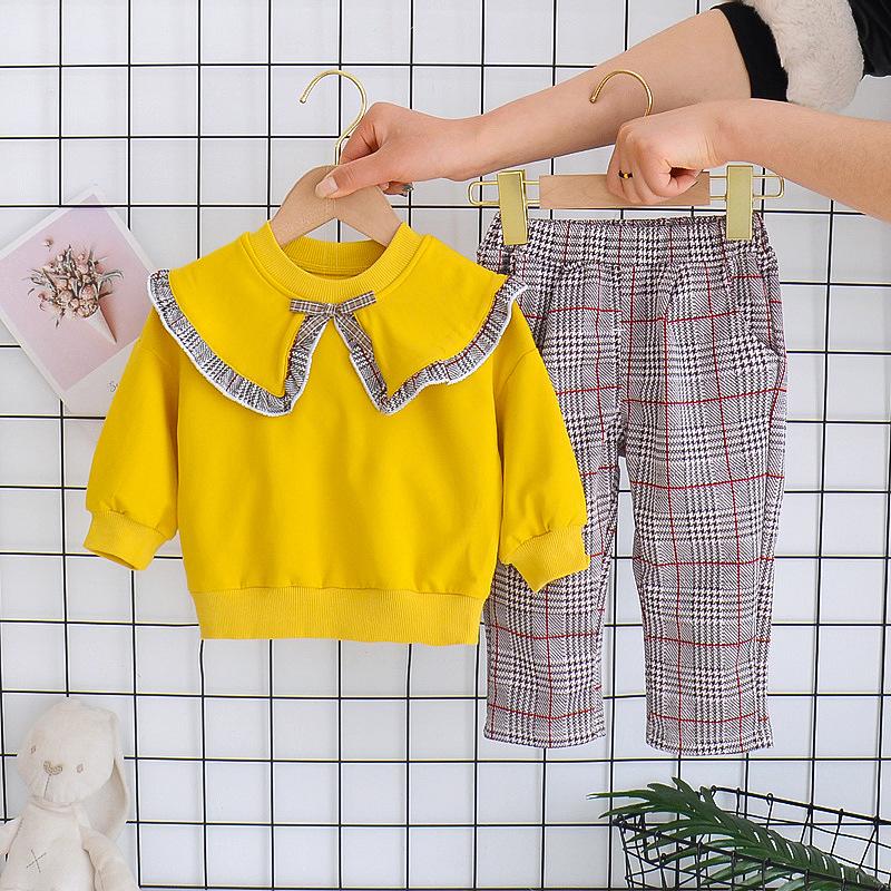 2-piece bowknot Pattern & Plaid Pants for Toddler Girl