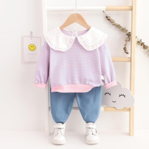 2-piece Lapel Collar Striped Blouse & Pants for Toddler Girl