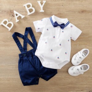 2-piece Bow Decor Bodysuit & Dungarees for Baby Boy