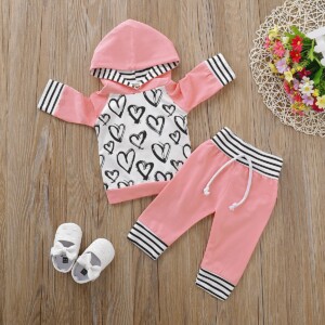 Two-piece Love Hooded Long Sleeve Suit for Baby Girl
