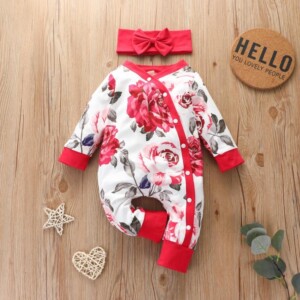 2-piece Floral Printed Jumpsuit & Headband for Baby Girl