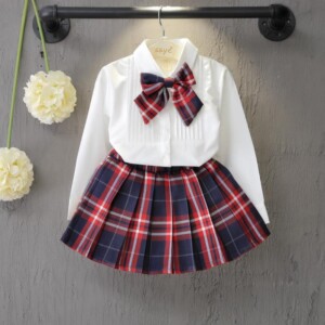 2-piece Bow Decor Blouse & Plaid Skirt for Toddler Girl