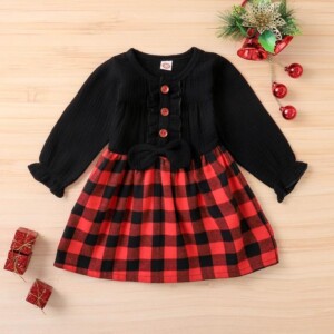 Splicing Plaid Dress with Bowknot