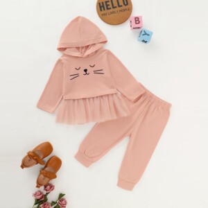 2-piece Cat Pattern Hoodie & Pants for Baby Girl