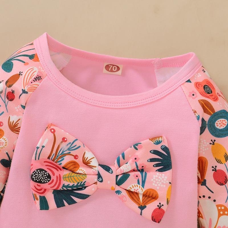 2-piece Bow Decor Floral Printed Sweatshirt & Pants for Baby Girl