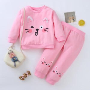 2-piece Cat Pattern Suit for Baby Girl