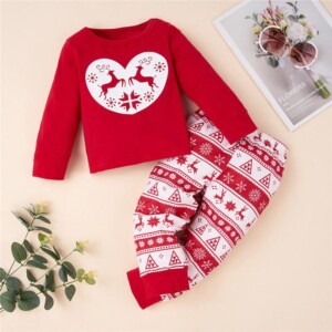 2-piece Christmas Deer Pattern Bodysuit and Pants for Toddler Girl