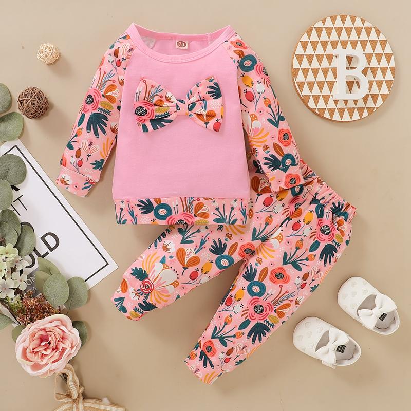 2-piece Bow Decor Floral Printed Sweatshirt & Pants for Baby Girl